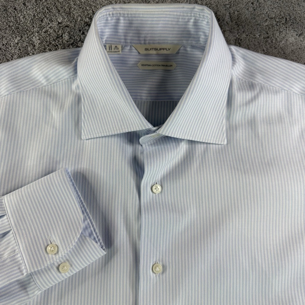 SuitSupply Egyptian Cotton Traveler Dress Shirt Extra Slim 44 17.5 Blue Striped